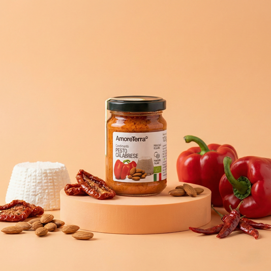 Pesto calabrese, Condimento a base di pomodori, mandorle, peperoni e ricotta e parmigiano reggiano - BIO
