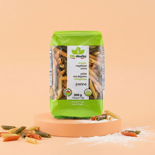 Confezione da 500g di Penne Rigate Tricolore Bio BioItalia, pasta di semola di grano duro con pomodoro e spinaci biologici