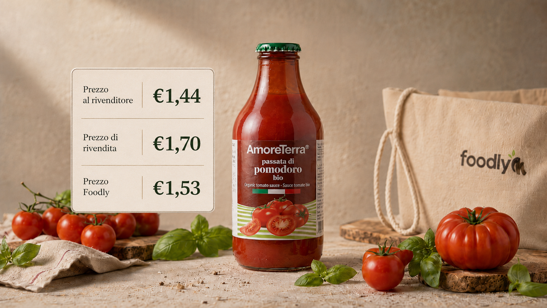 Passata di pomodoro AmoreTerra, con tabella comparativa che indica i diversi prezzi