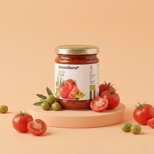 Vasetto da 190g di Sugo alle Olive Biologico AmoreTerra, condimento pronto 100% italiano con olive e olio EVO Coratina