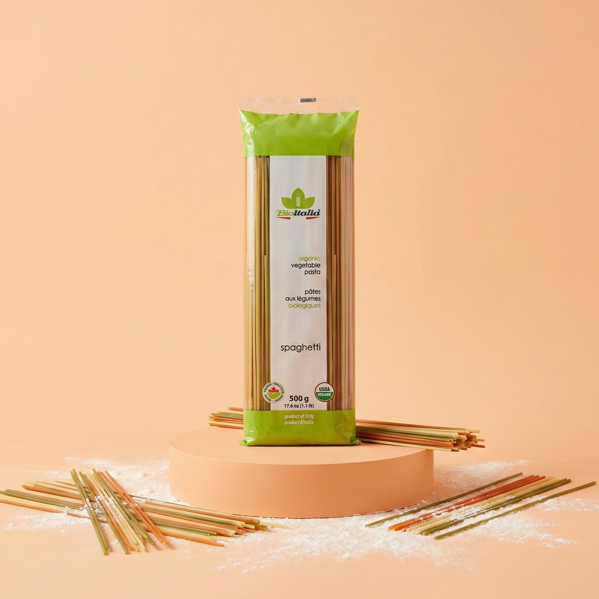 Confezione da 500g di Spaghetti Tricolore Bio BioItalia, pasta di semola di grano duro con pomodoro e spinaci biologici