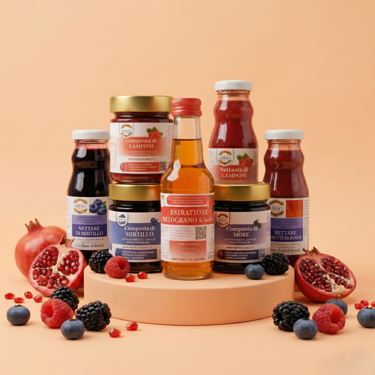 Assortimento della Box Energia & Vitalità Geraci: composte di frutta al 95%, nettari naturali ed estratto di melograno biodinamico.