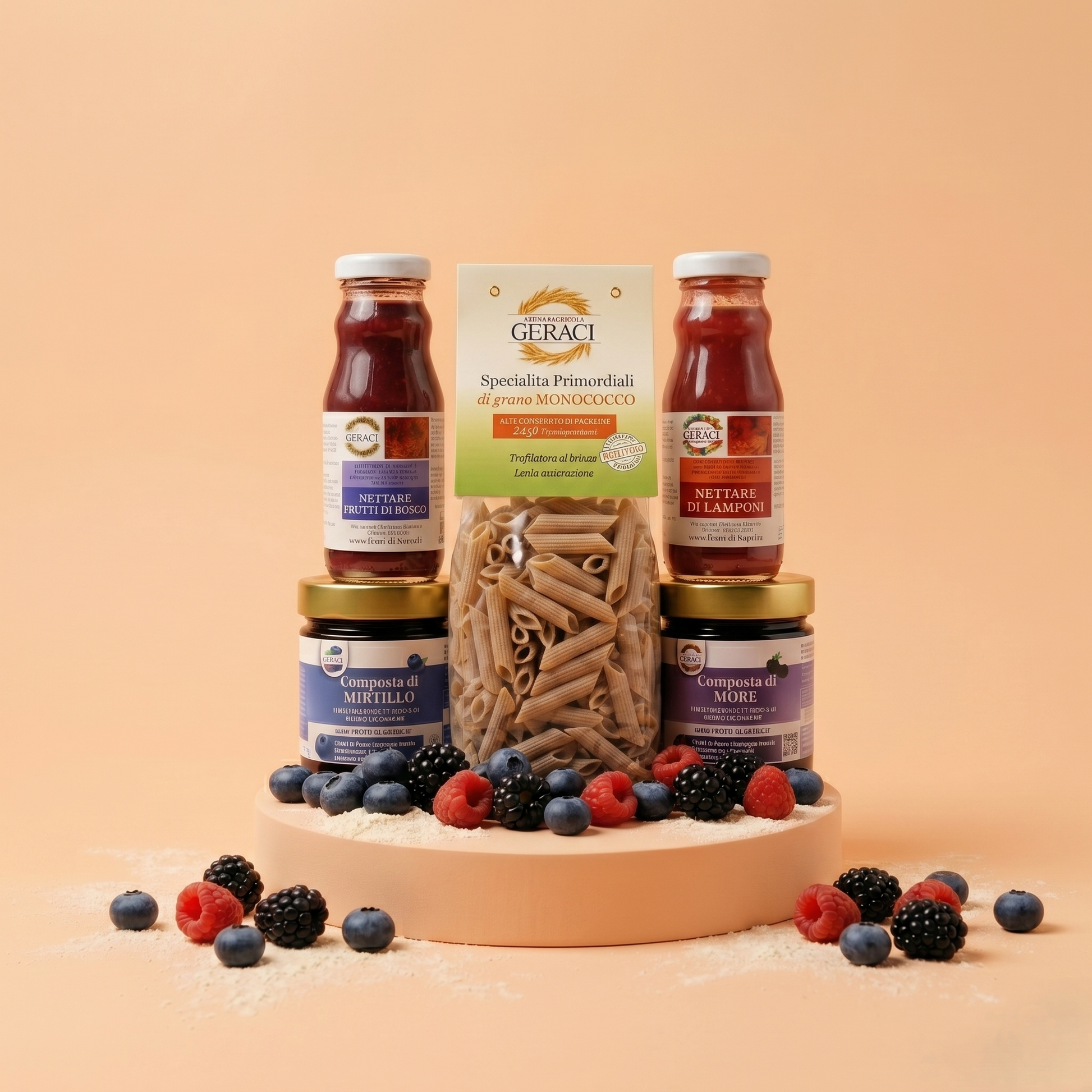 Box Sapore & Tradizione Geraci con pasta di grano monococco integrale, composte e nettari di frutta biodinamica senza zuccheri aggiunti.