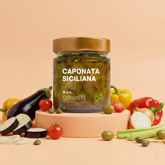 Vasetto da 190g di Caponata Siciliana Bio Convivia, antipasto pronto di melanzane in agrodolce con olio EVO, vegano e senza glutine