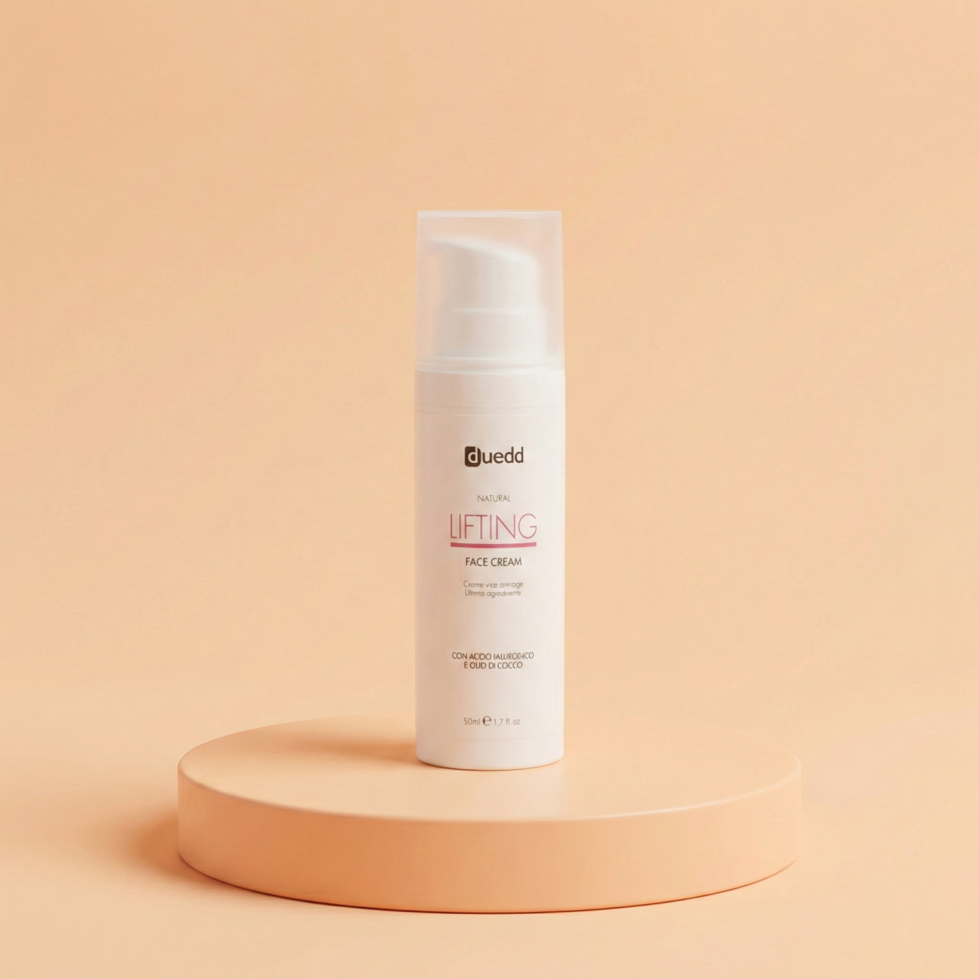 Vasetto da 50ml di Natural Lifting Face Cream DUEDD, crema anti-age con Acido Ialuronico, Ciclodestrine e Olio di Cocco, effetto tensore naturale