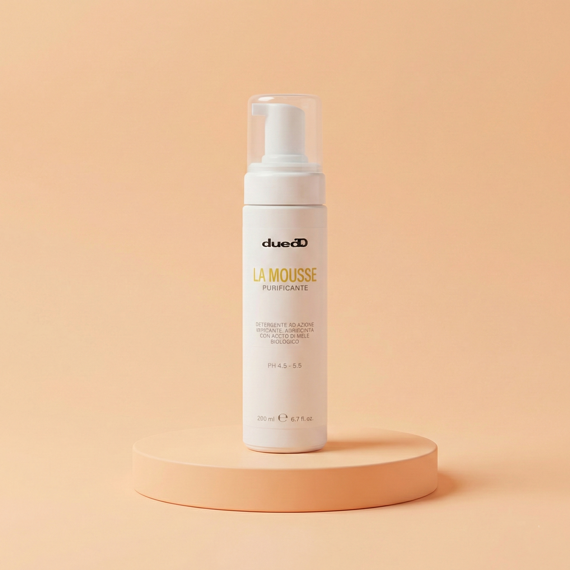 Flacone da 200ml di Mousse Detergente Purificante DUEDD all'Aceto di Mele Bio, texture in spuma per viso, corpo e igiene intima