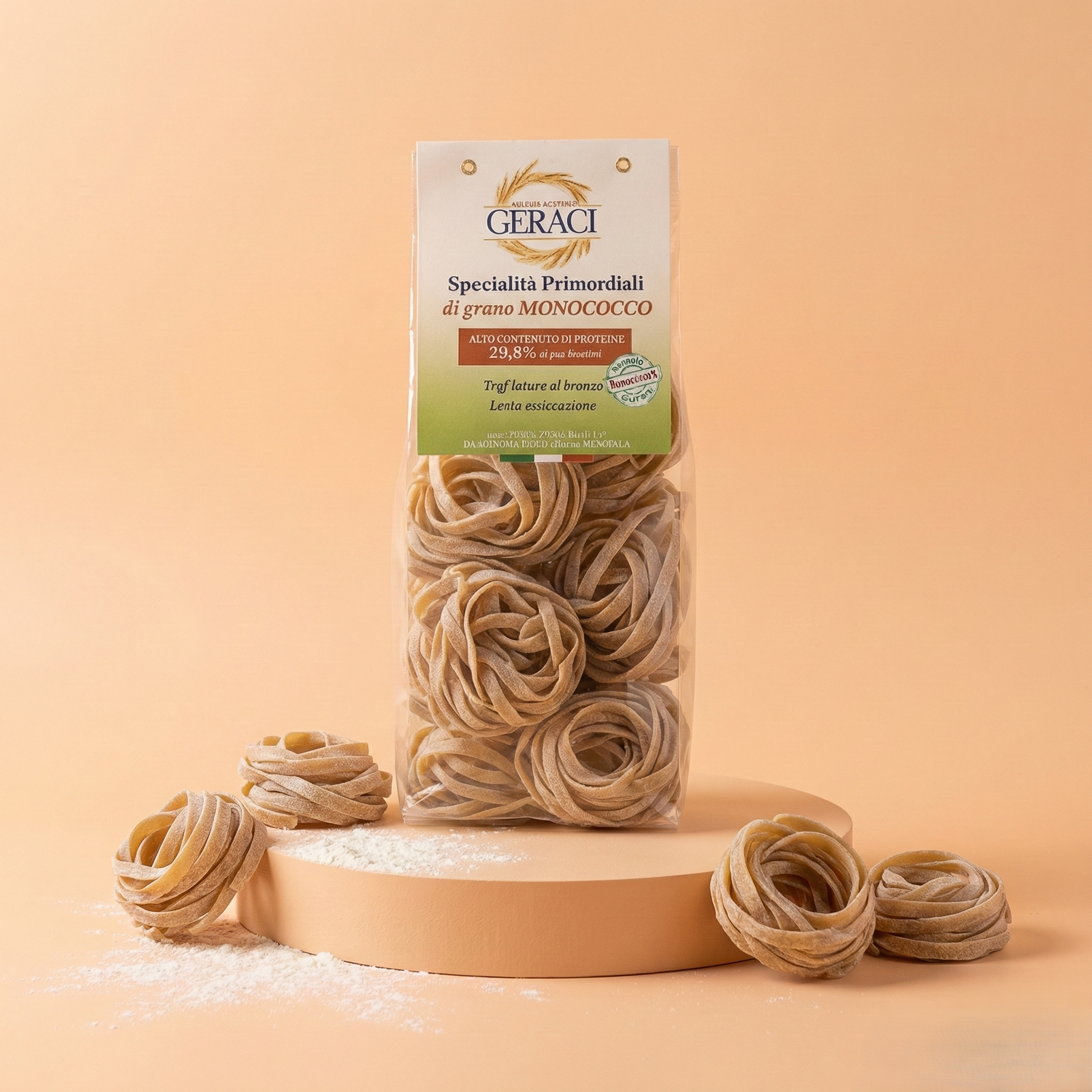 Confezione di Tagliatelle al Grano Monococco Geraci, pasta biologica di grano antico macinata a pietra, trafilata al bronzo e tracciata